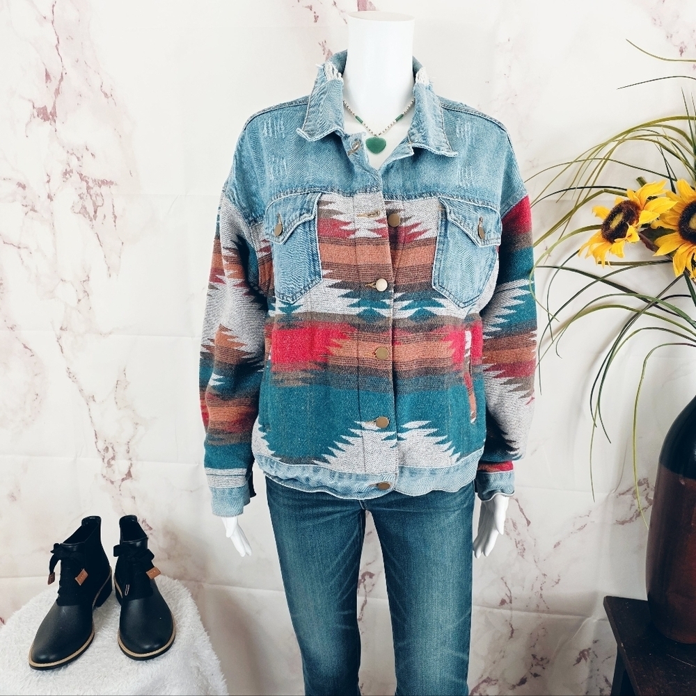 Polagram Southwestern Denim Jacket Embroidered Aztec Western Boho Small